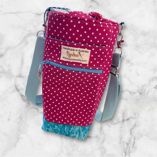 Water Bottle, Phone & Wallet Bag - Pink Dots w Lite Blue Lining