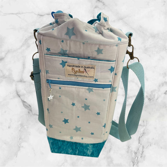 Water Bottle, Phone & Wallet Bag - Blue Stars on White w Lite blue Lining