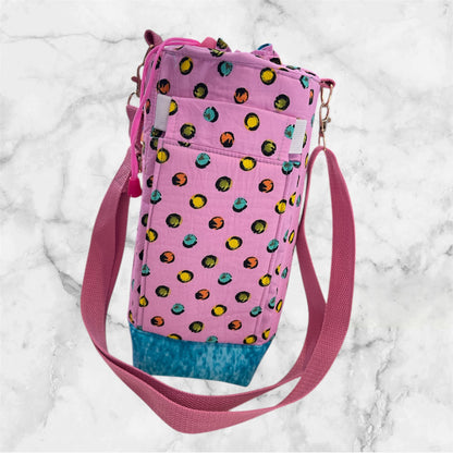 Water Bottle, Phone & Wallet Bag - Cartoon Dots on pink with Lite Blue Lining