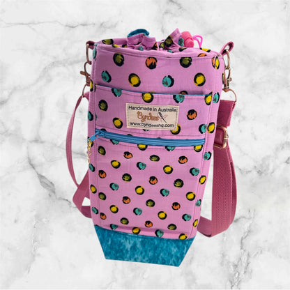 Water Bottle, Phone & Wallet Bag - Cartoon Dots on pink with Lite Blue Lining