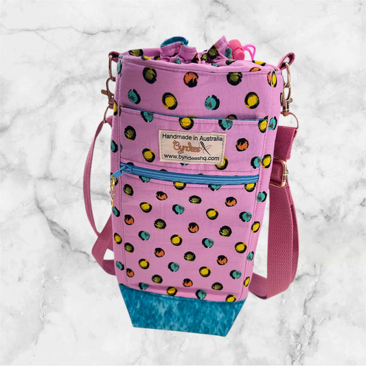 Water Bottle, Phone & Wallet Bag - Cartoon Dots on pink w Lite Blue Lining