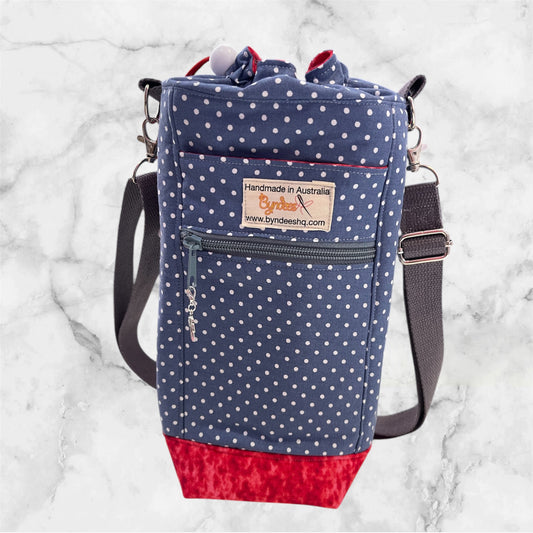 Water Bottle, Phone & Wallet Bag - Blue w White Dots with Red Lining