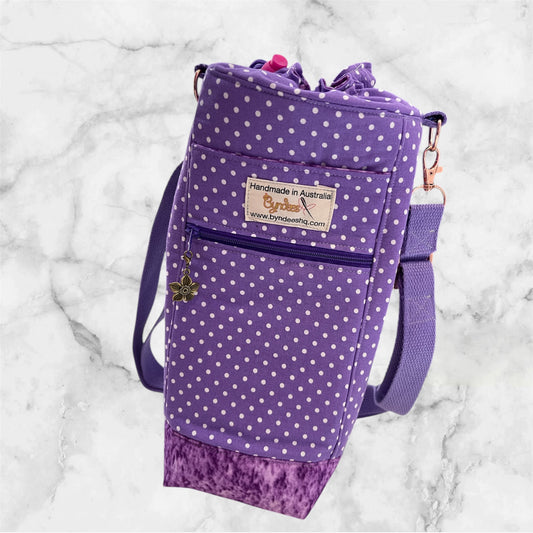 Water Bottle, Phone & Wallet Bag - Purple with White Dots w Lilac Lining