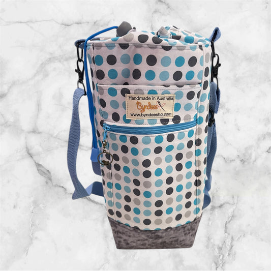 Water Bottle, Phone & Wallet Bag - Blue & Grey Dots with Grey Lining