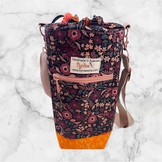 Water Bottle, Phone & Wallet Bag - Brown Flowers w Orange Lining