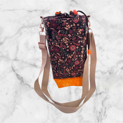 Water Bottle, Phone & Wallet Bag - Brown Flowers with Orange Lining