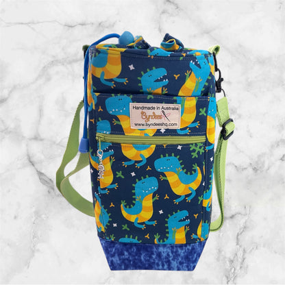 Water Bottle, Phone & Wallet Bag - Dinosaurs with Blue Lining