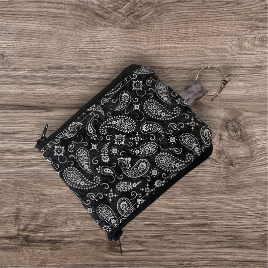 2 Pocket Zipper Keychain Purse - Black & White Paisley