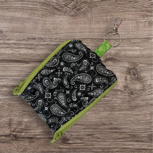 2 Pocket Zipper Keychain Purse - Black & White Paisley