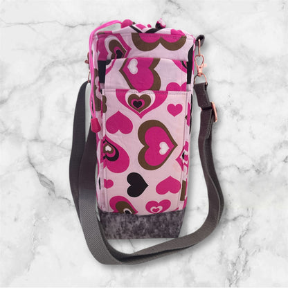 Water Bottle, Phone & Wallet Bag - Retro Pink Hearts with Grey Lining