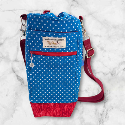 Water Bottle, Phone & Wallet Bag - Blue & White Dots with Red Lining