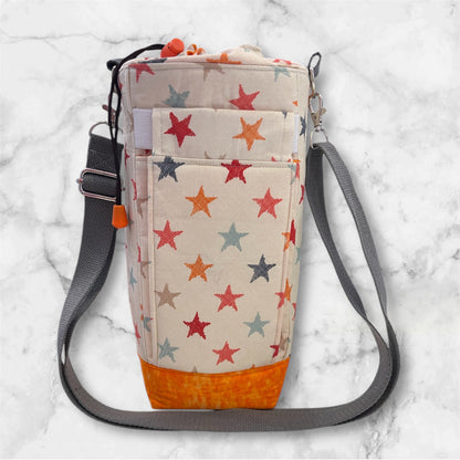 Water Bottle, Phone & Wallet Bag - Beige/Orange Stars with Orange Lining