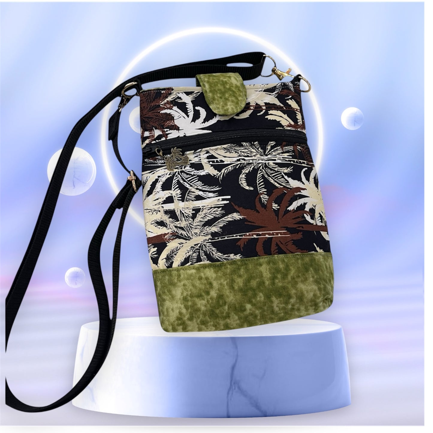 Mobile Phone & Wallet Bag - Palm Trees w Olive Lining