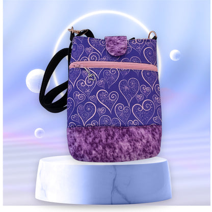 Mobile Phone & Wallet Bag - Pink & Purple Hearts w Lilac Lining