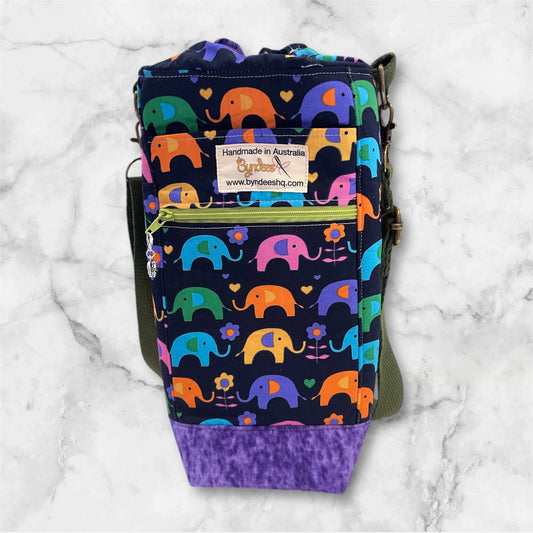 Water Bottle, Phone & Wallet Bag - Elephants on Navy with Purple Lining