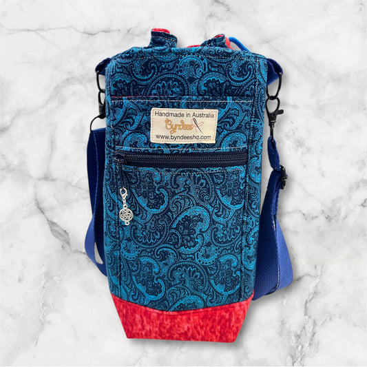 Water Bottle, Phone & Wallet Bag - Paisley Blue with Red Lining