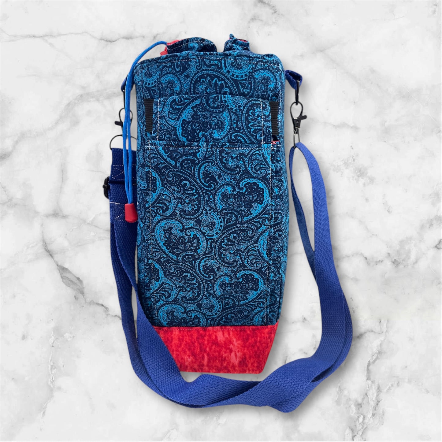Water Bottle, Phone & Wallet Bag - Paisley Blue with Red Lining