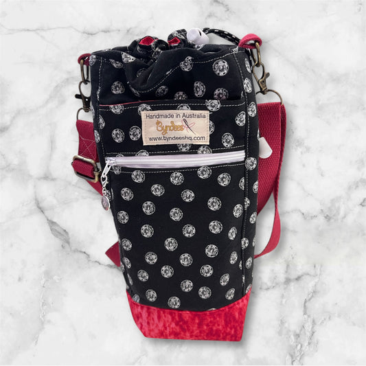 Water Bottle, Phone & Wallet Bag - Black with White Buttons with Red Lining