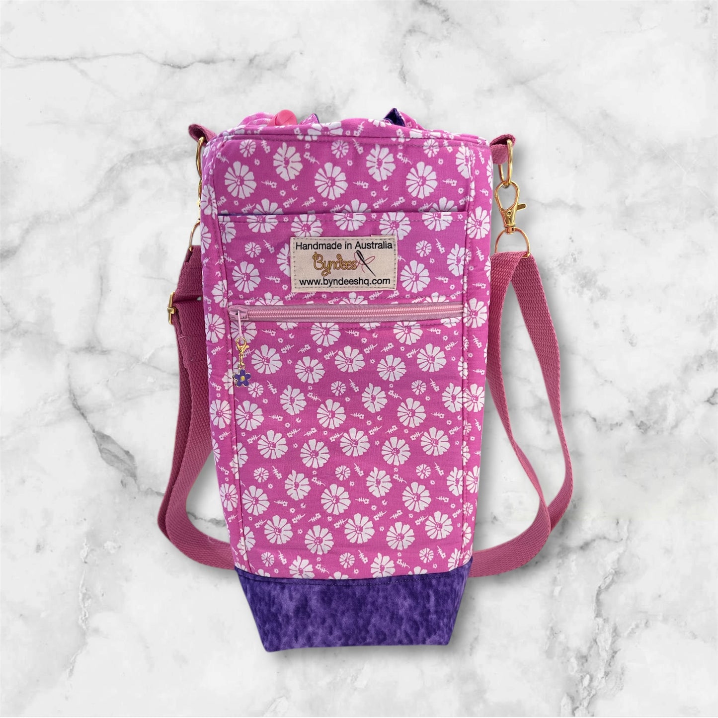 Water Bottle, Phone & Wallet Bag - White Flowers on Pink with Purple Lining
