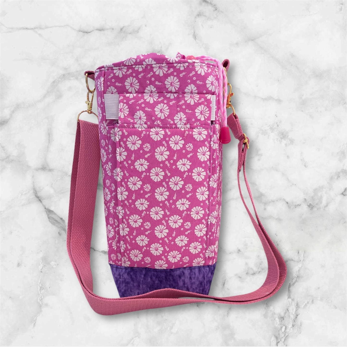 Water Bottle, Phone & Wallet Bag - White Flowers on Pink with Purple Lining