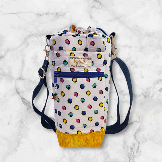 Water Bottle, Phone & Wallet Bag - Cartoon Dots on White with Yellow Lining