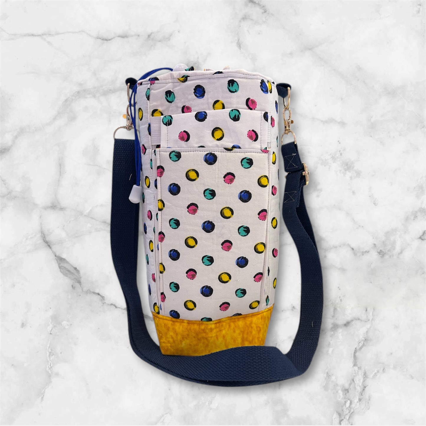 Water Bottle, Phone & Wallet Bag - Cartoon Dots on White with Yellow Lining