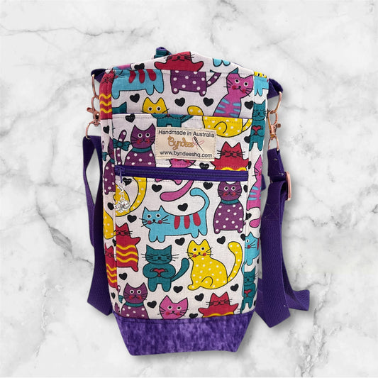 Water Bottle, Phone & Wallet Bag - Bright Cats with Purple Lining