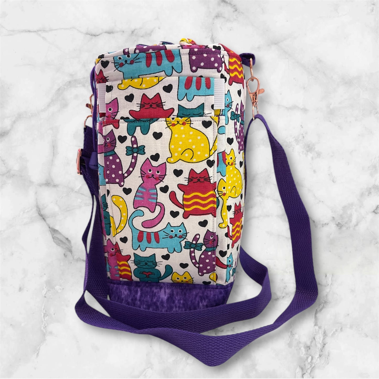 Water Bottle, Phone & Wallet Bag - Bright Cats with Purple Lining