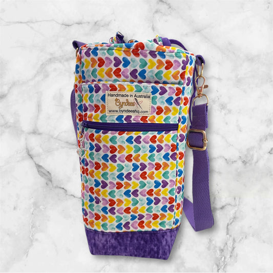 Water Bottle, Phone & Wallet Bag - Colourful Hearts with Purple Lining
