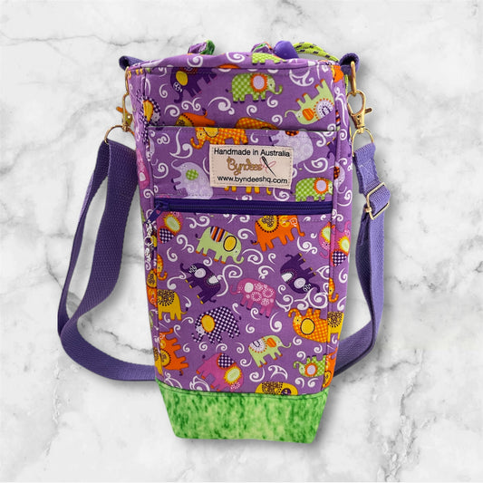 Water Bottle, Phone & Wallet Bag - Elephants on Purple with Green Lining
