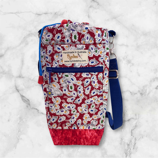 Water Bottle, Phone & Wallet Bag - Cartoon Flowers on Red with Red Lining