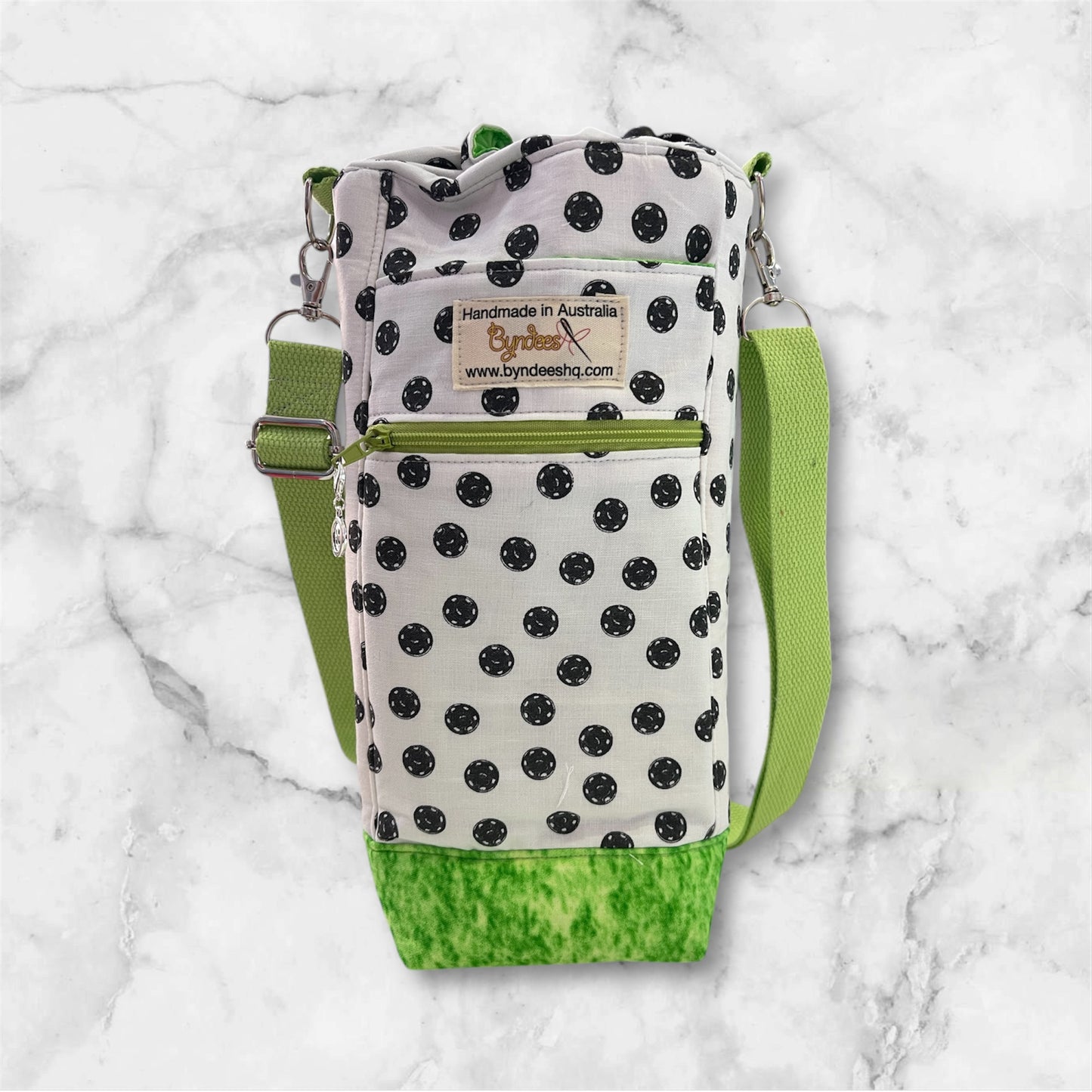 Water Bottle, Phone & Wallet Bag - White with Black Buttons with Green Lining
