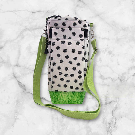 Water Bottle, Phone & Wallet Bag - White with Black Buttons with Green Lining
