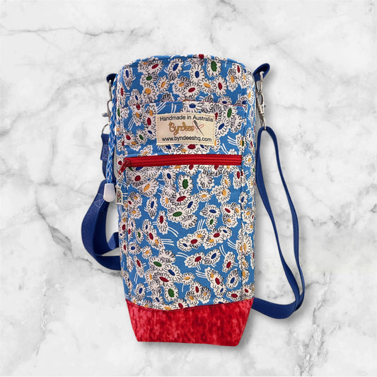 Water Bottle, Phone & Wallet Bag - Cartoon Flowers on Blue with Red Lining