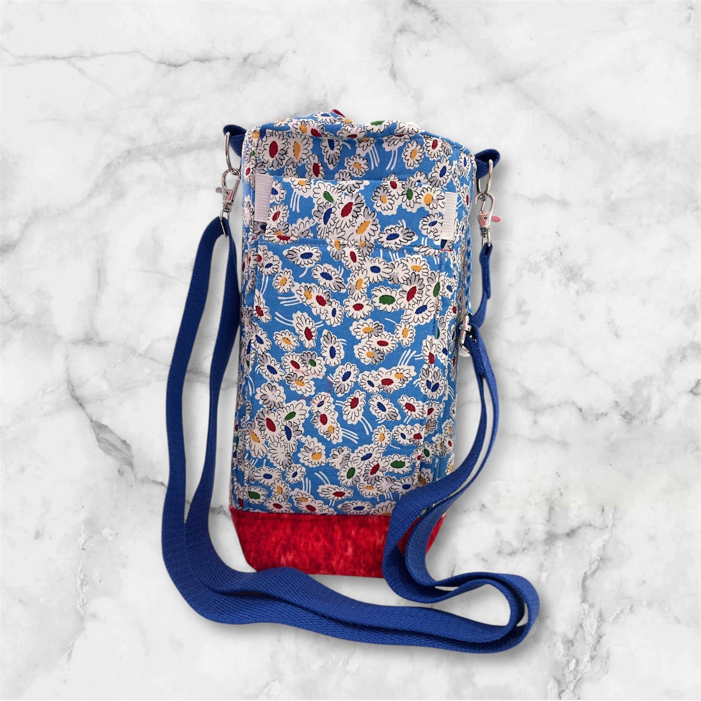 Water Bottle, Phone & Wallet Bag - Cartoon Flowers on Blue with Red Lining