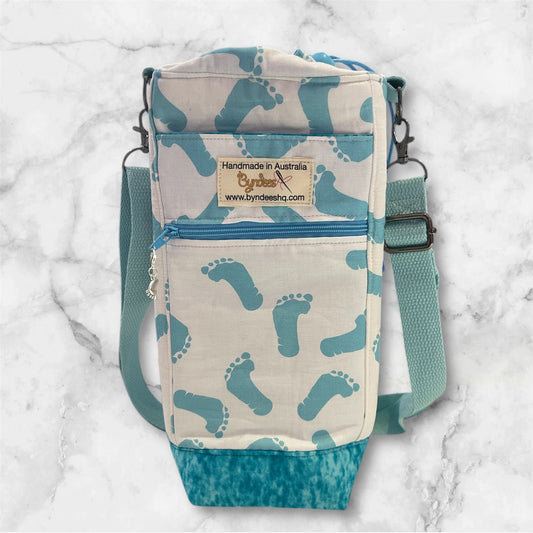 Water Bottle, Phone & Wallet Bag - Blue Footprints with Lite Blue Lining