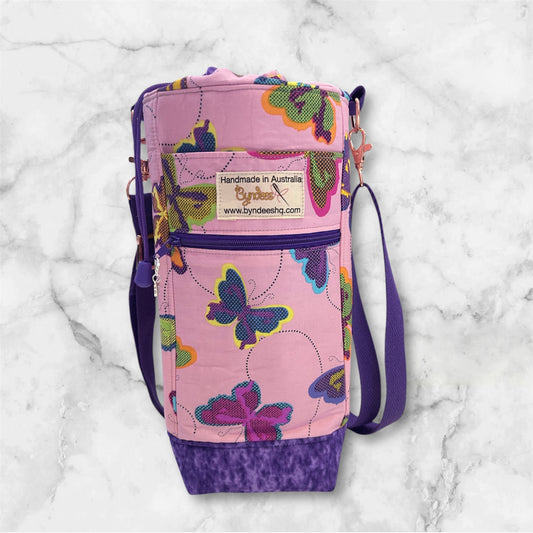 Water Bottle, Phone & Wallet Bag - Colourful Butterflies with Purple Lining