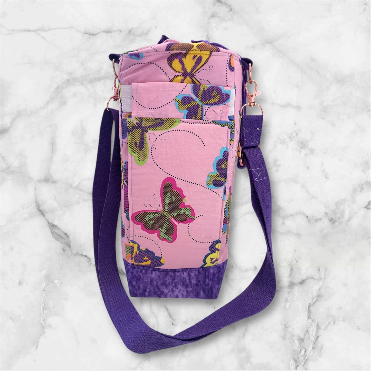 Water Bottle, Phone & Wallet Bag - Colourful Butterflies with Purple Lining