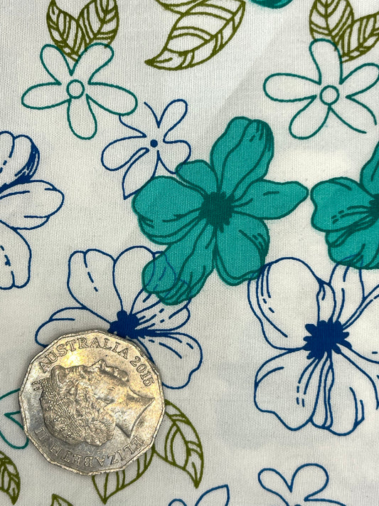 Green Flowers with Blue Outline on White