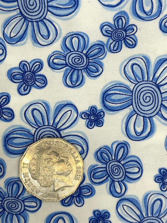Blue Retro Flowers on White
