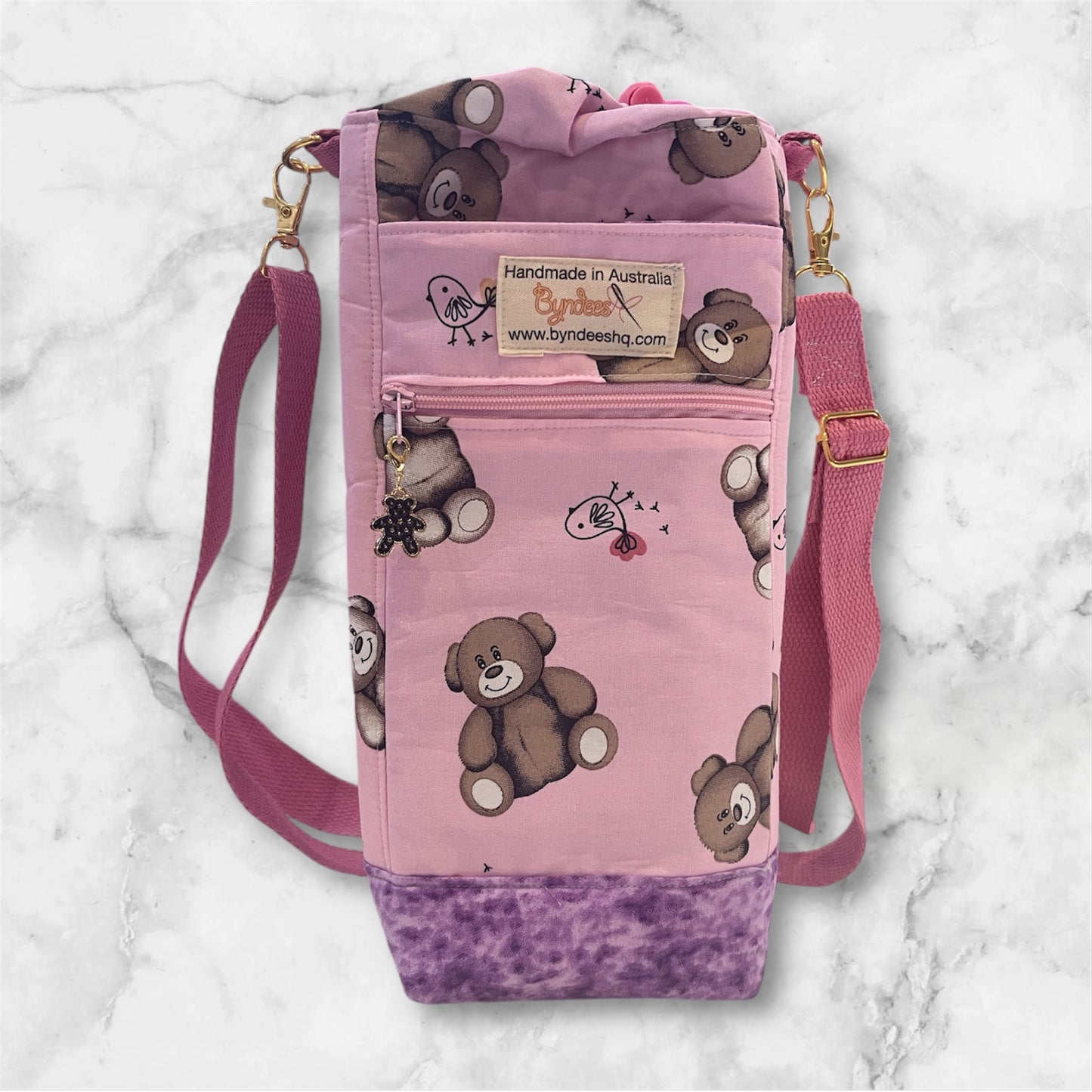 Water Bottle, Phone & Wallet Bag - Teddy Bears on Pink with Lilac Lining