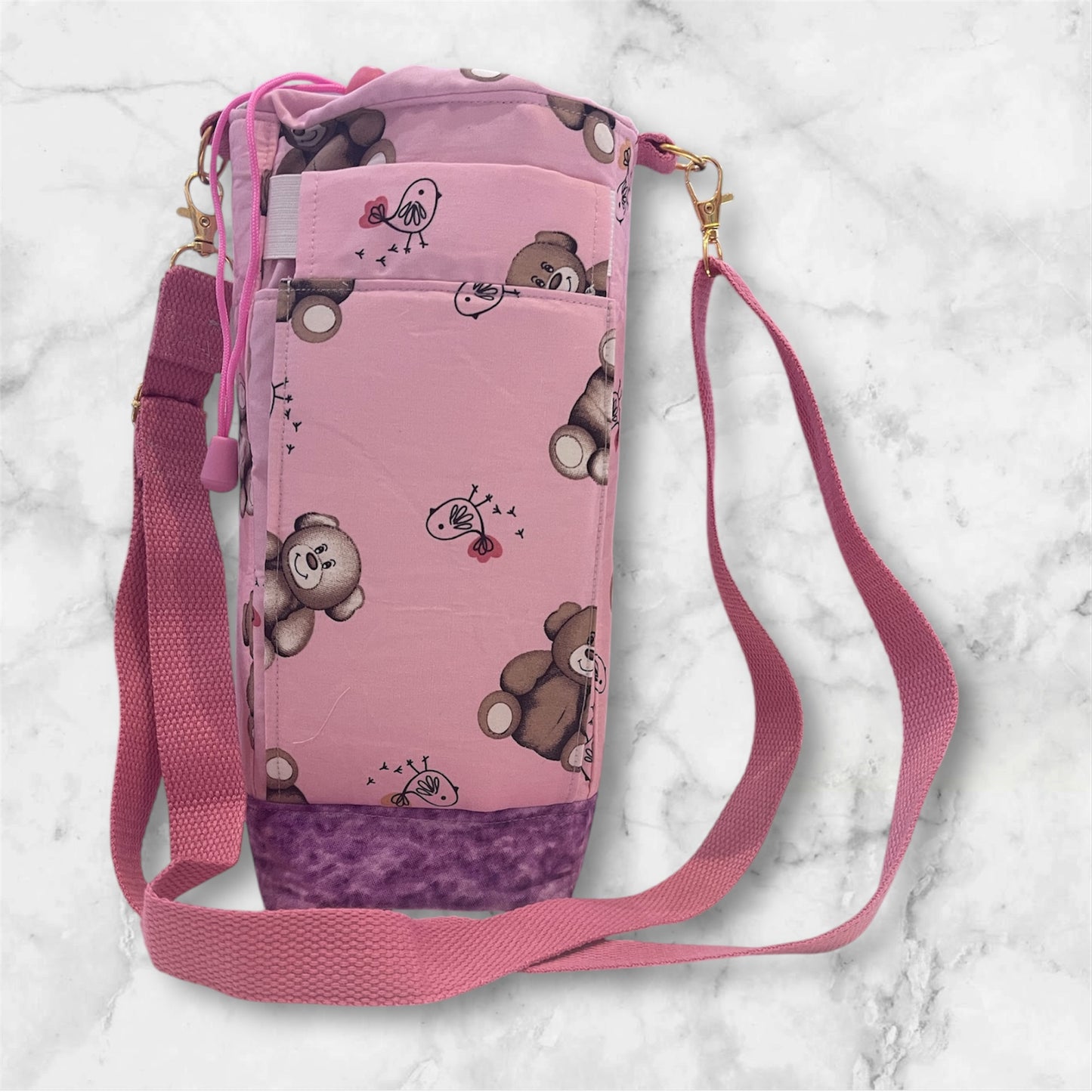 Water Bottle, Phone & Wallet Bag - Teddy Bears on Pink with Lilac Lining