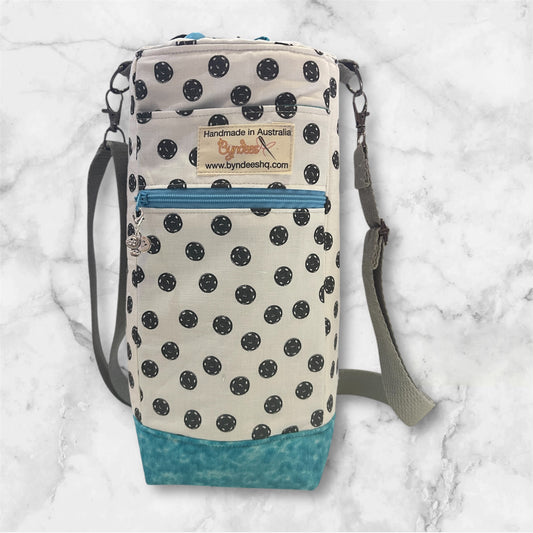 Water Bottle, Phone & Wallet Bag - White with Black Button Print with Lite Blue Lining