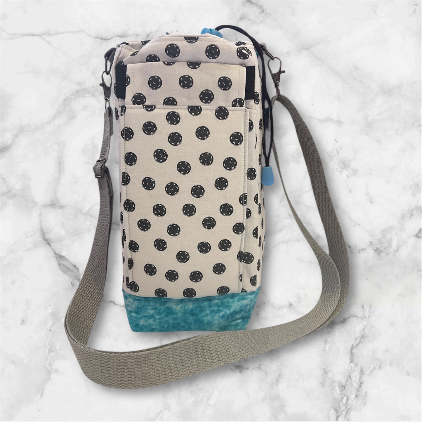 Water Bottle, Phone & Wallet Bag - White with Black Button Print with Lite Blue Lining