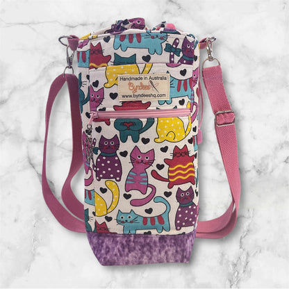 Water Bottle, Phone & Wallet Bag - Bright Cats with Lilac Lining