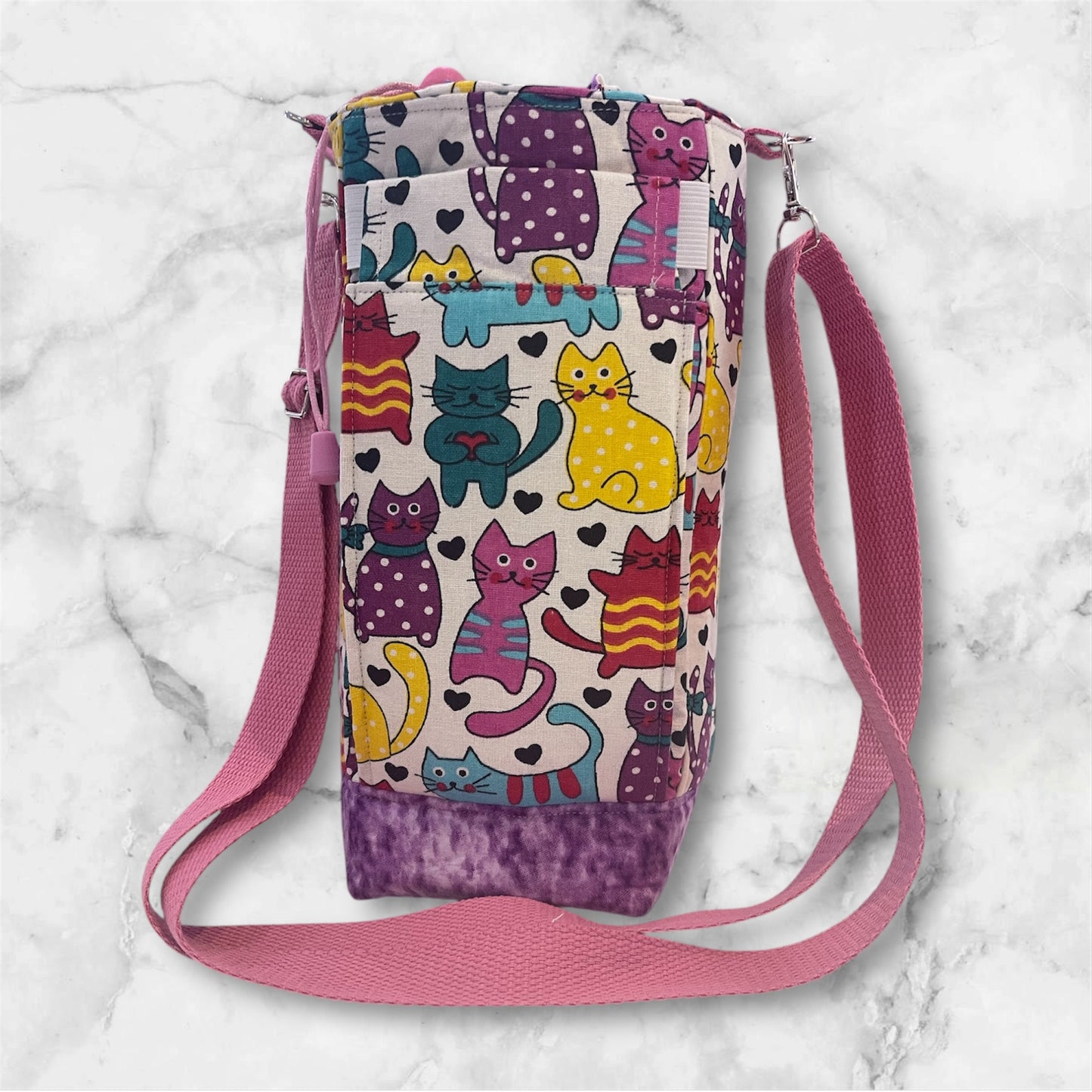 Water Bottle, Phone & Wallet Bag - Bright Cats with Lilac Lining