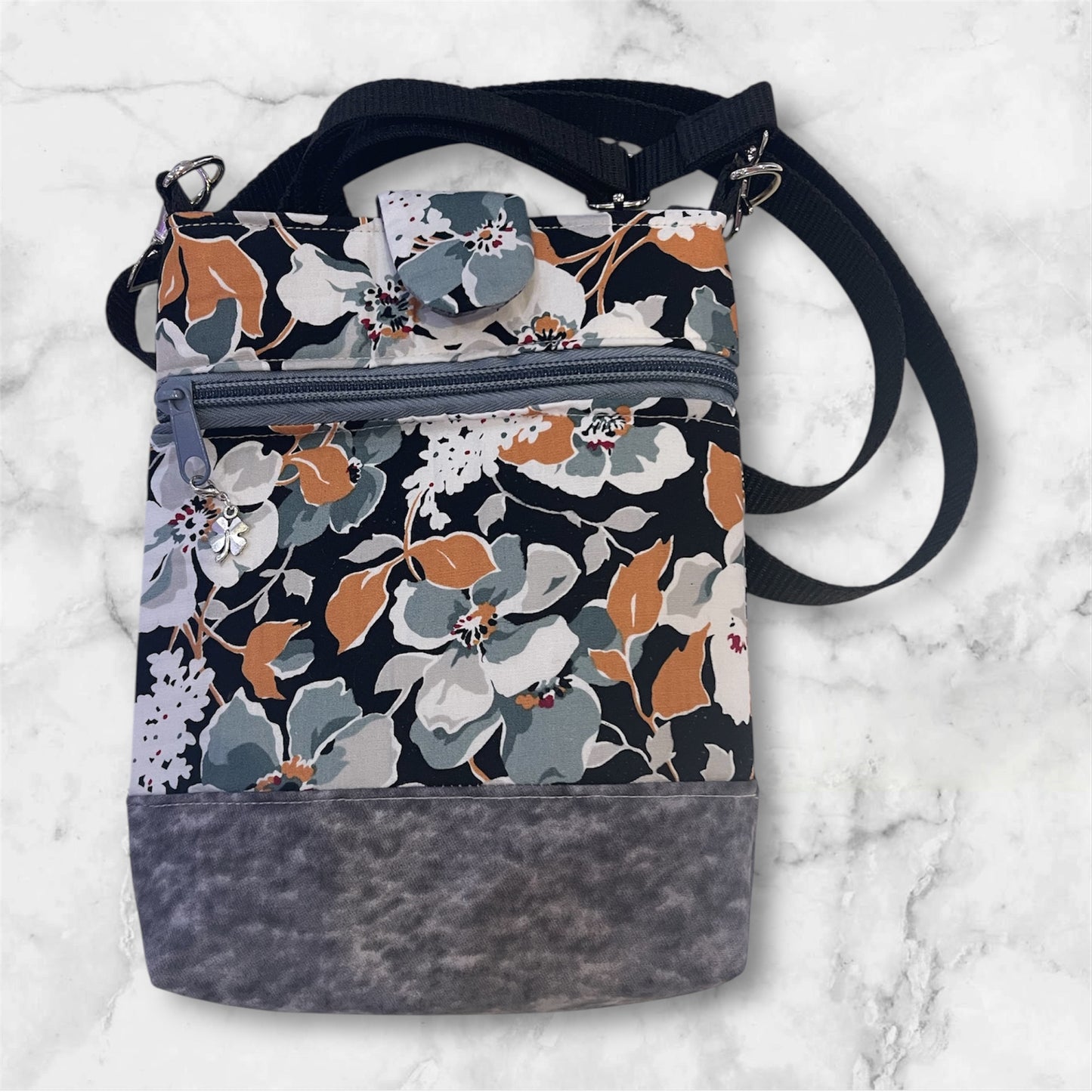 Mobile Phone & Wallet Bag - Grey Flowers on Black w Grey Lining