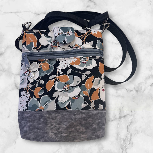 Mobile Phone & Wallet Bag - Grey Flowers on Black w Grey Lining