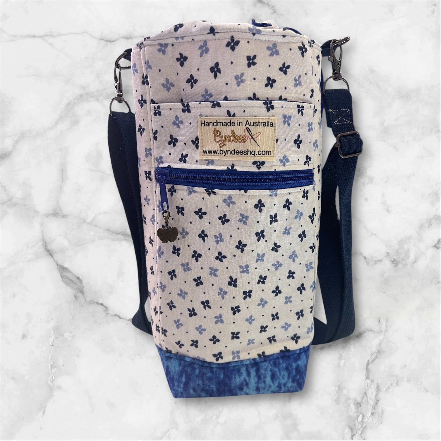 Water Bottle, Phone & Wallet Bag - Blue Flowers on White with Blue Lining