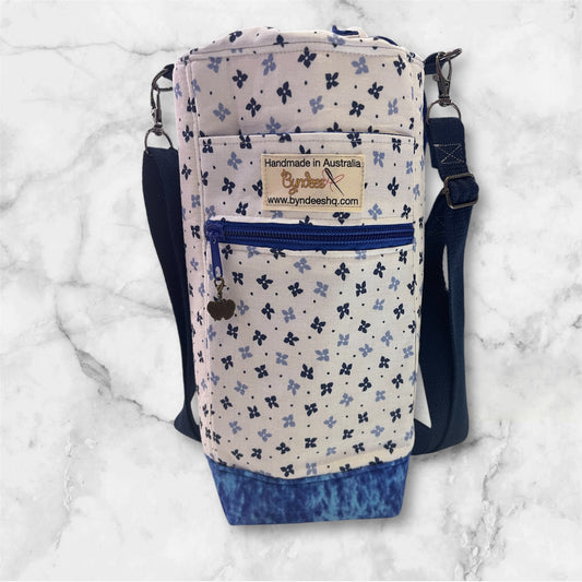 Water Bottle, Phone & Wallet Bag - Blue Flowers on White with Blue Lining